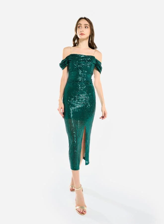 House of Moda Women Draped Sequin Midi Dress